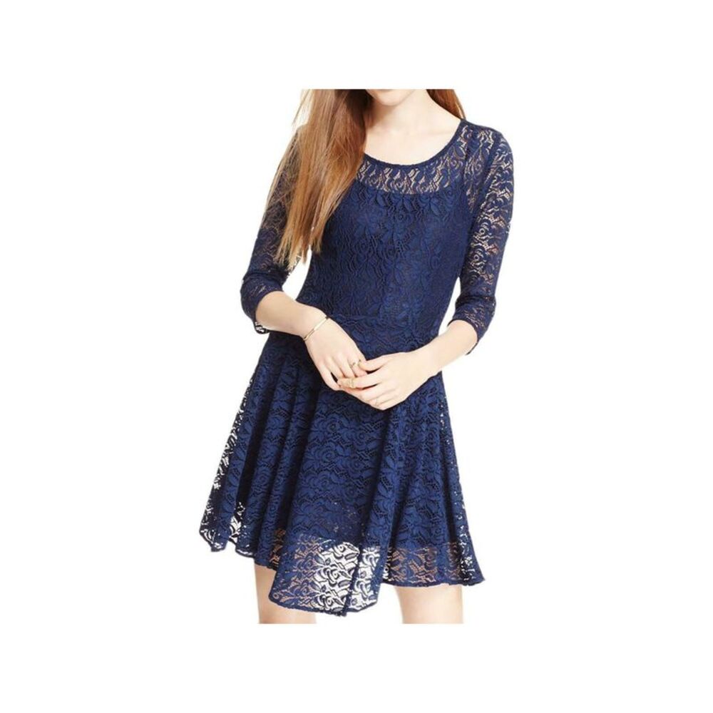 FISHBOWL Womens Fit + Flare Mini Dress Navy Long Sleeve Jewel Neck Juniors 2XS